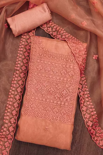 Manvaa women's peach heavy thread sequence embrodiery and fancy border dupatta oraganza dress material