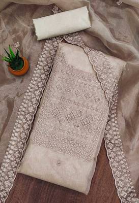 Women's grey heavy thread sequence embrodiery and fancy border dupatta oraganza dress material 3