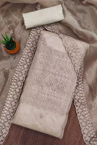 Women's grey heavy thread sequence embrodiery and fancy border dupatta oraganza dress material