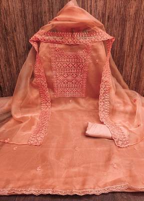 Manvaa women's peach heavy thread sequence embrodiery and fancy border dupatta oraganza dress material 5