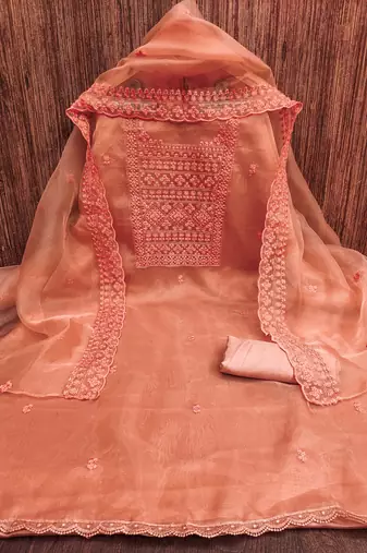 Manvaa women's peach heavy thread sequence embrodiery and fancy border dupatta oraganza dress material