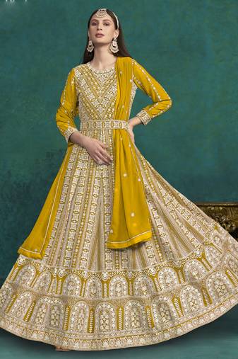 Yellow faux georgette embroidered designer anarkali suit