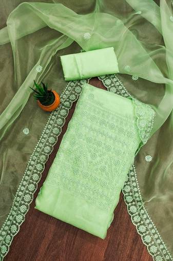 Women's green unstitched heavy thread sequence embrodiery and fancy border dupatta oraganza dress material