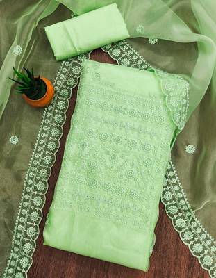 Women's green heavy thread sequence embrodiery and fancy border dupatta oraganza dress material 3