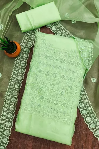 Women's green heavy thread sequence embrodiery and fancy border dupatta oraganza dress material