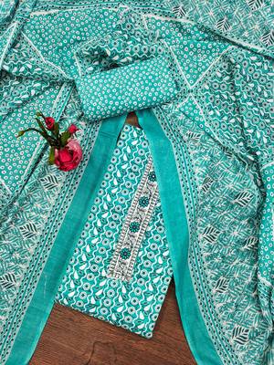Women's sea green unstitched fancy print work with thread embrodered neck tie along with designer printed dress material 1