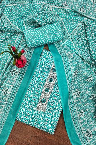 Women's sea green unstitched fancy print work with thread embrodered neck tie along with designer printed dress material