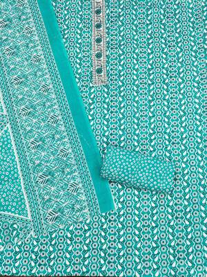 Women's sea green unstitched fancy print work with thread embrodered neck tie along with designer printed dress material 2