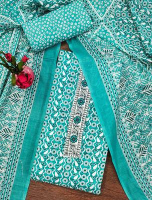 Women's sea green unstitched fancy print work with thread embrodered neck tie along with designer printed dress material 3