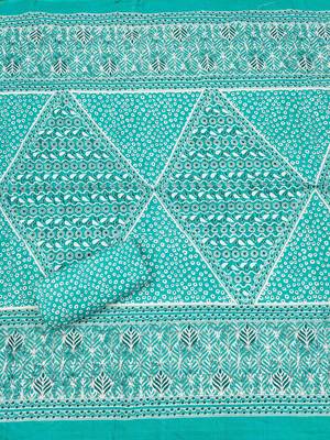 Women's sea green unstitched fancy print work with thread embrodered neck tie along with designer printed dress material 4