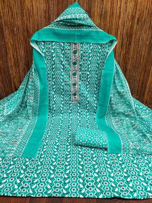 Women's sea green unstitched fancy print work with thread embrodered neck tie along with designer printed dress material 5