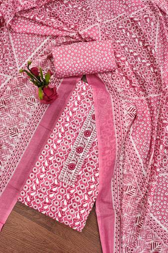 Women's pink unstitched fancy print work with thread embrodered neck tie along with designer printed dress material