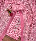 Women's pink unstitched fancy print work with thread embrodered neck tie along with designer printed dress material