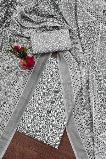 Women's grey unstitched fancy print work with thread embrodered neck tie along with designer printed dress material