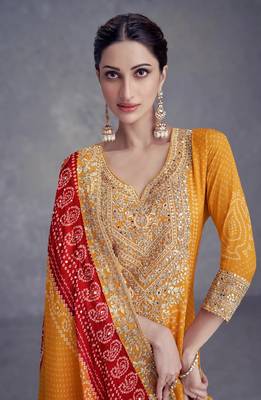 Yellow heavy gota & mirrow wrok bandhani silk suits 3