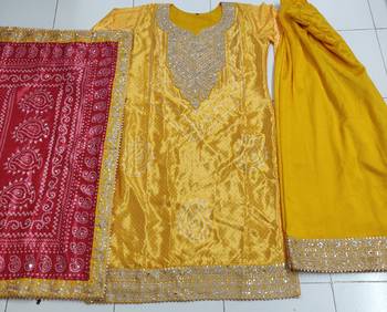 Yellow heavy gota & mirrow wrok bandhani silk suits 5