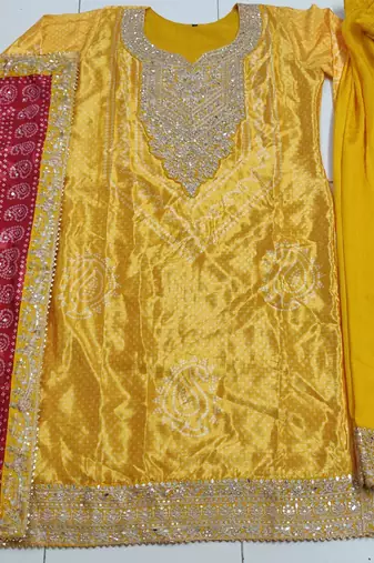 Yellow heavy gota & mirrow wrok bandhani silk suits