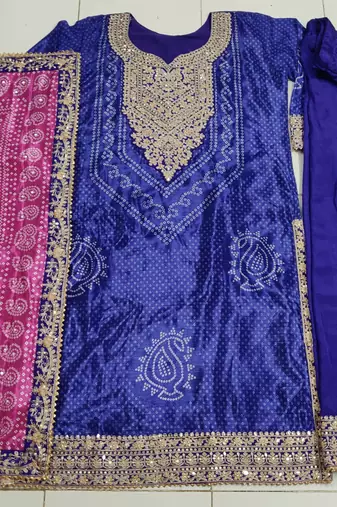 Blue heavy gota & mirrow wrok bandhani silk suits