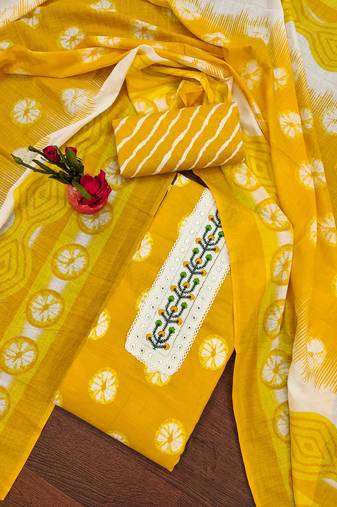 Manvaa women's yellow unstitched fancy print work printed dupatta and bottom pc cotton dress material 