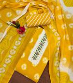 Manvaa women's yellow unstitched fancy print work printed dupatta and bottom pc cotton dress material 
