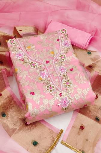 Manvaa women's pink unstitched designer weaving, handwork maslin banarasi cotton dress material (msmfc11400c)
