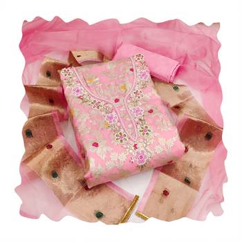 Manvaa women's pink designer weaving, handwork maslin banarasi cotton dress material 3