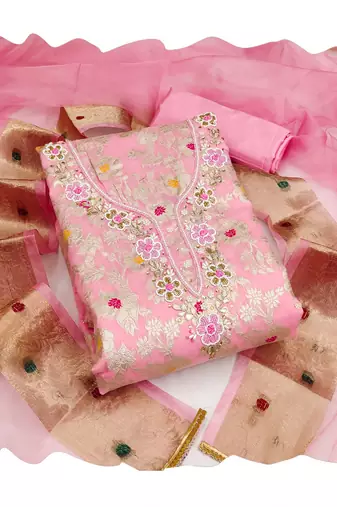 Manvaa women's pink designer weaving, handwork maslin banarasi cotton dress material