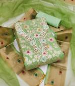 Manvaa women's light green unstitched designer weaving, handwork maslin banarasi cotton dress material 