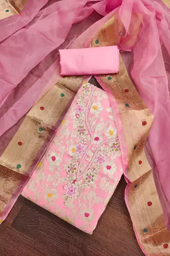 Manvaa women's pink designer weaving, handwork maslin banarasi cotton dress material