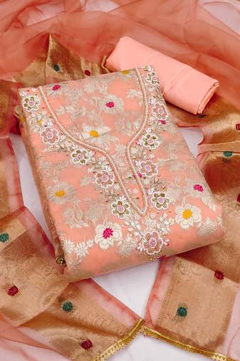Manvaa women's peach unstitched designer weaving, handwork maslin banarasi cotton dress material 