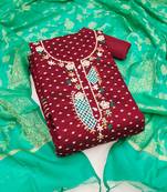 Manvaa women's maroon unstitched designer weaving, handwork modal butti cotton dress material 