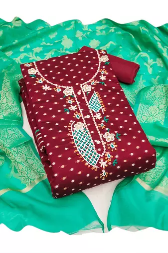 Manvaa women's maroon designer weaving, handwork modal butti cotton dress material