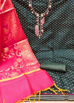 Manvaa women's black designer weaving, handwork modal butti cotton dress material 2