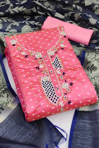 Manvaa women's pink unstitched designer weaving, handwork modal butti cotton dress material 