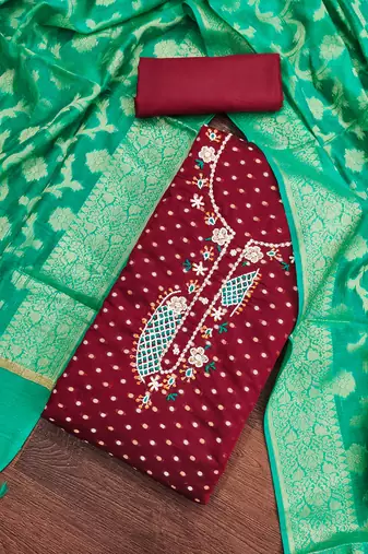 Manvaa women's maroon designer weaving, handwork modal butti cotton dress material