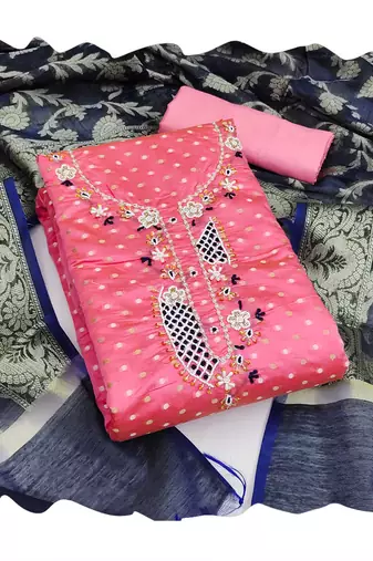 Manvaa women's pink designer weaving, handwork modal butti cotton dress material