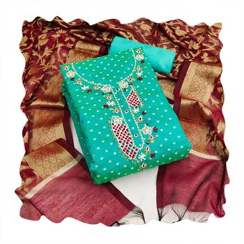 Manvaa women's green designer weaving, handwork modal butti cotton dress material 3