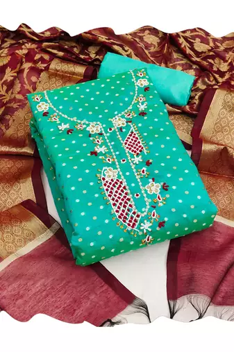 Manvaa women's green designer weaving, handwork modal butti cotton dress material