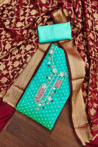 Manvaa women's green designer weaving, handwork modal butti cotton dress material