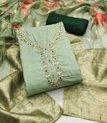 Manvaa women's light green unstitched designer digital print, handwork cembric cotton dress material 
