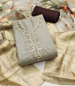 Manvaa women's grey unstitched designer digital print, handwork cembric cotton dress material 