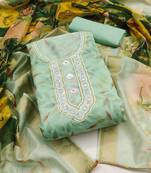 Manvaa women's sea green unstitched designer print, handwork modal cotton dress material