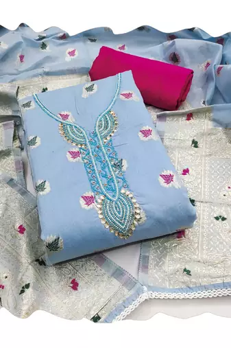 Manvaa women's sea green designer weaving, handwork banarasi cotton dress material