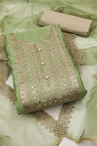 Manvaa women's light green unstitched heavy zari embroidery dupatta roman silk dress material 
