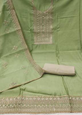 Manvaa women's light green heavy zari embroidery dupatta roman silk dress material 2