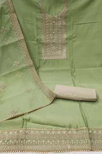 Manvaa women's light green heavy zari embroidery dupatta roman silk dress material