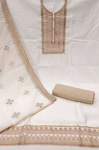 Manvaa women's white heavy zari embroidery roman silk dress material
