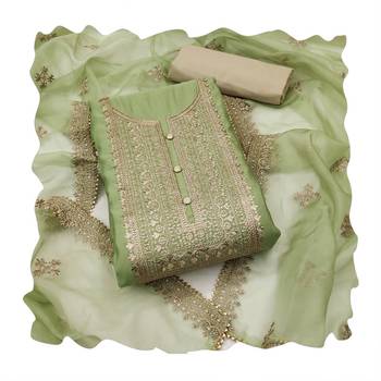 Manvaa women's light green heavy zari embroidery dupatta roman silk dress material 3