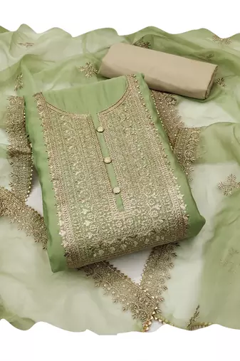 Manvaa women's light green heavy zari embroidery dupatta roman silk dress material