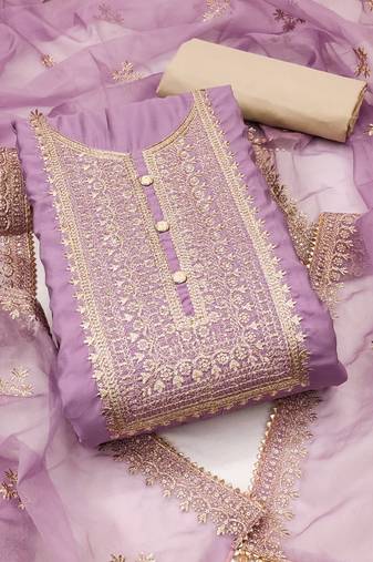 Manvaa women's purple unstitched heavy zari embroidery roman silk dress material 